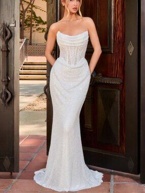 WEDDING DRESS, OFF WHITE FITTED SHEATH BEADED CORSET LACE UP BACK BRIDAL GOWN